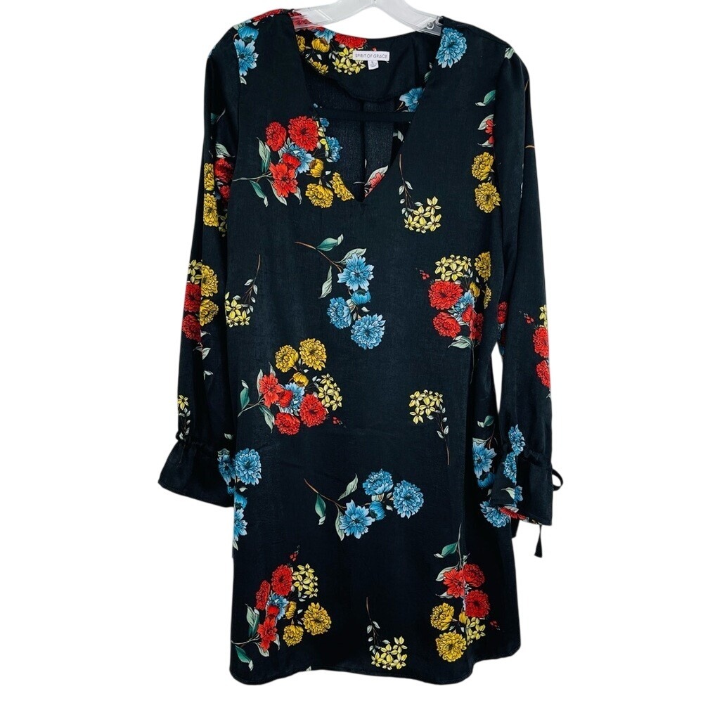 Spirit‎ of Grace Floral Dress Womens Large Black Long Sleeve V-Neck Cottage Boho